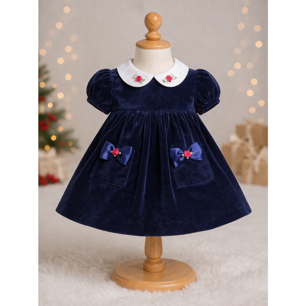 Vintage B.T. Kids Navy Blue Velvet Baby Dress White Peter Pan Collar 24 Months